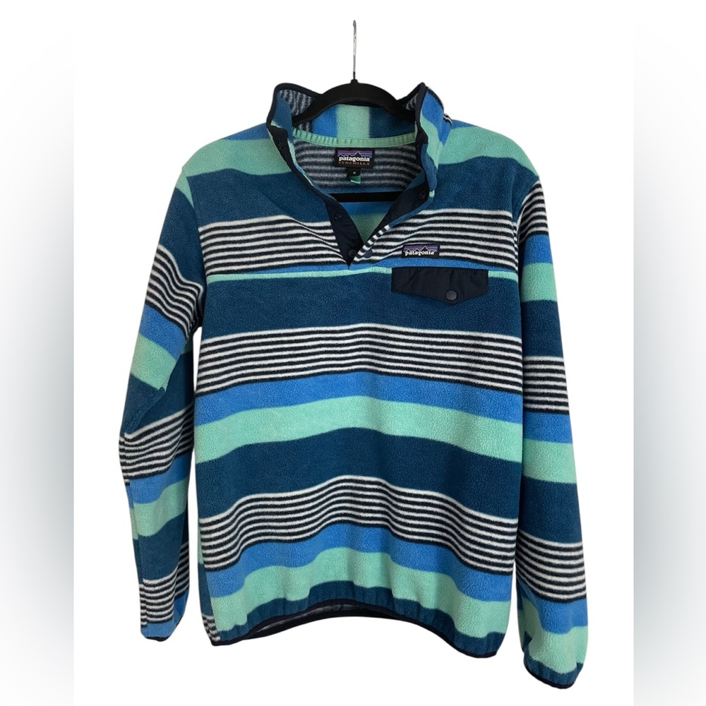 Patagonia Green Blue Stripe Synchilla Snap-T Pullover Fleece, Womens M